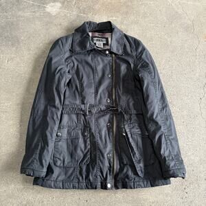 BKE Buckle Belted Parka Jacket Womens S Black Full Zip Studded Flannel Lined